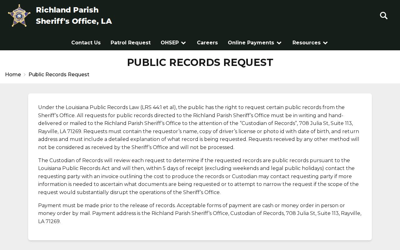 Richland Parish Sheriff's Office public records request page used for Richland Parish warrant records requests