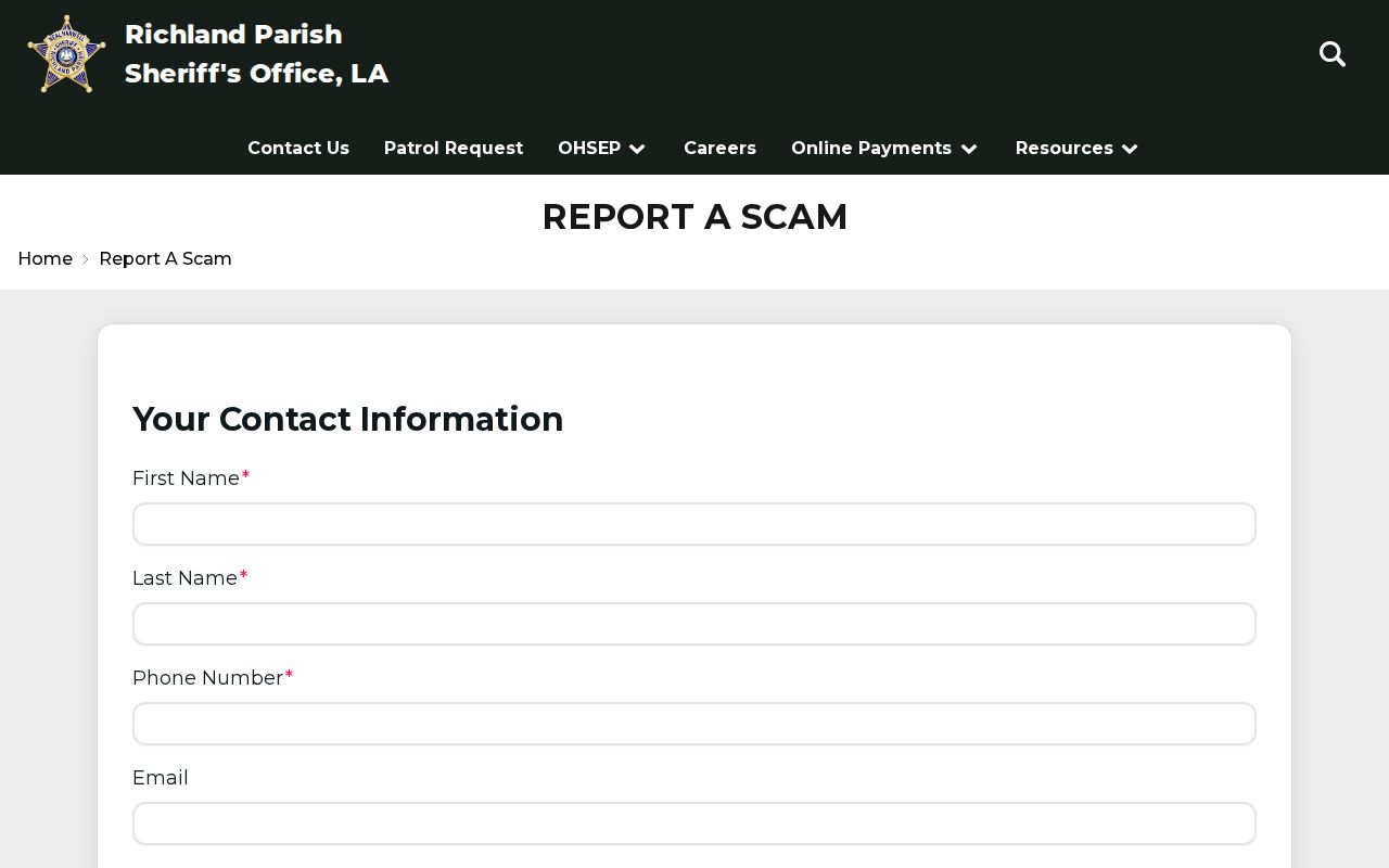Richland Parish Sheriff's Office scam report page with official payment links for traffic warrant records