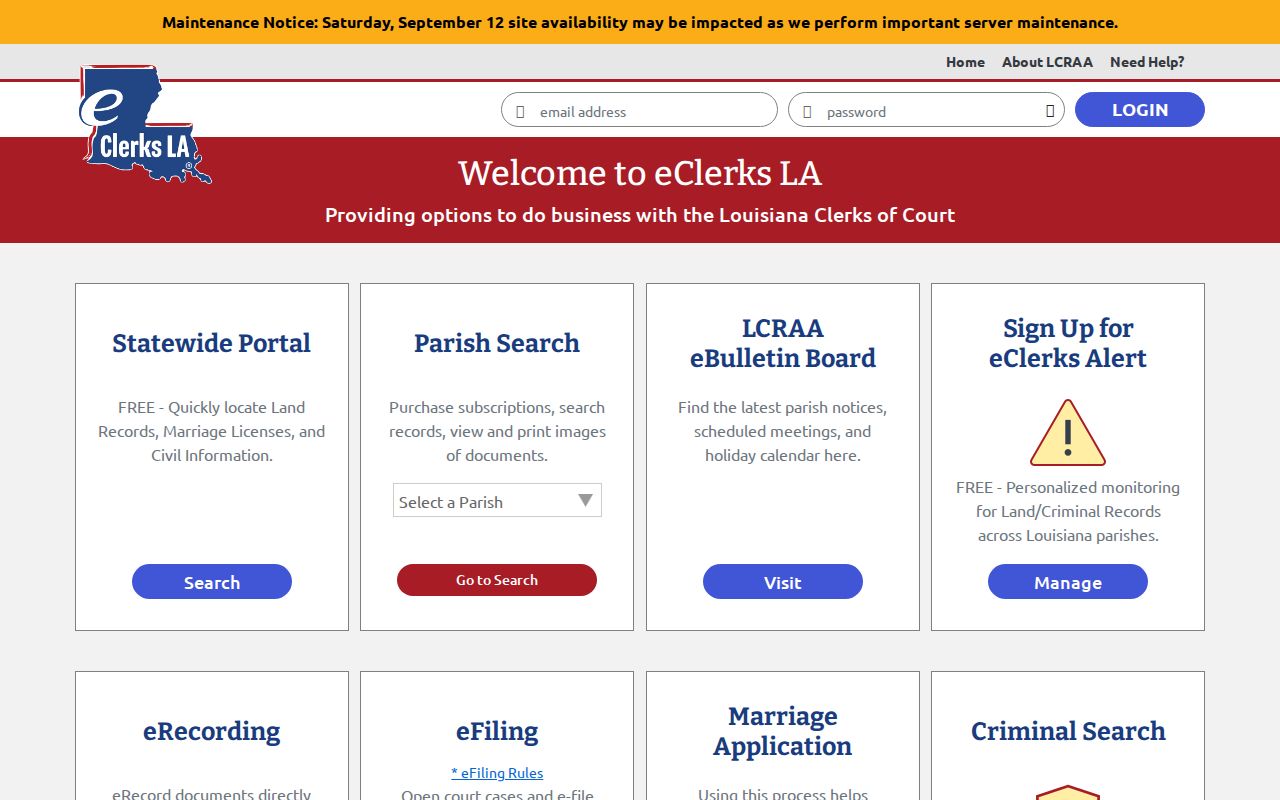 eClerksLA vendor landing page linked from the Richland Parish Clerk of Court for warrant record searches