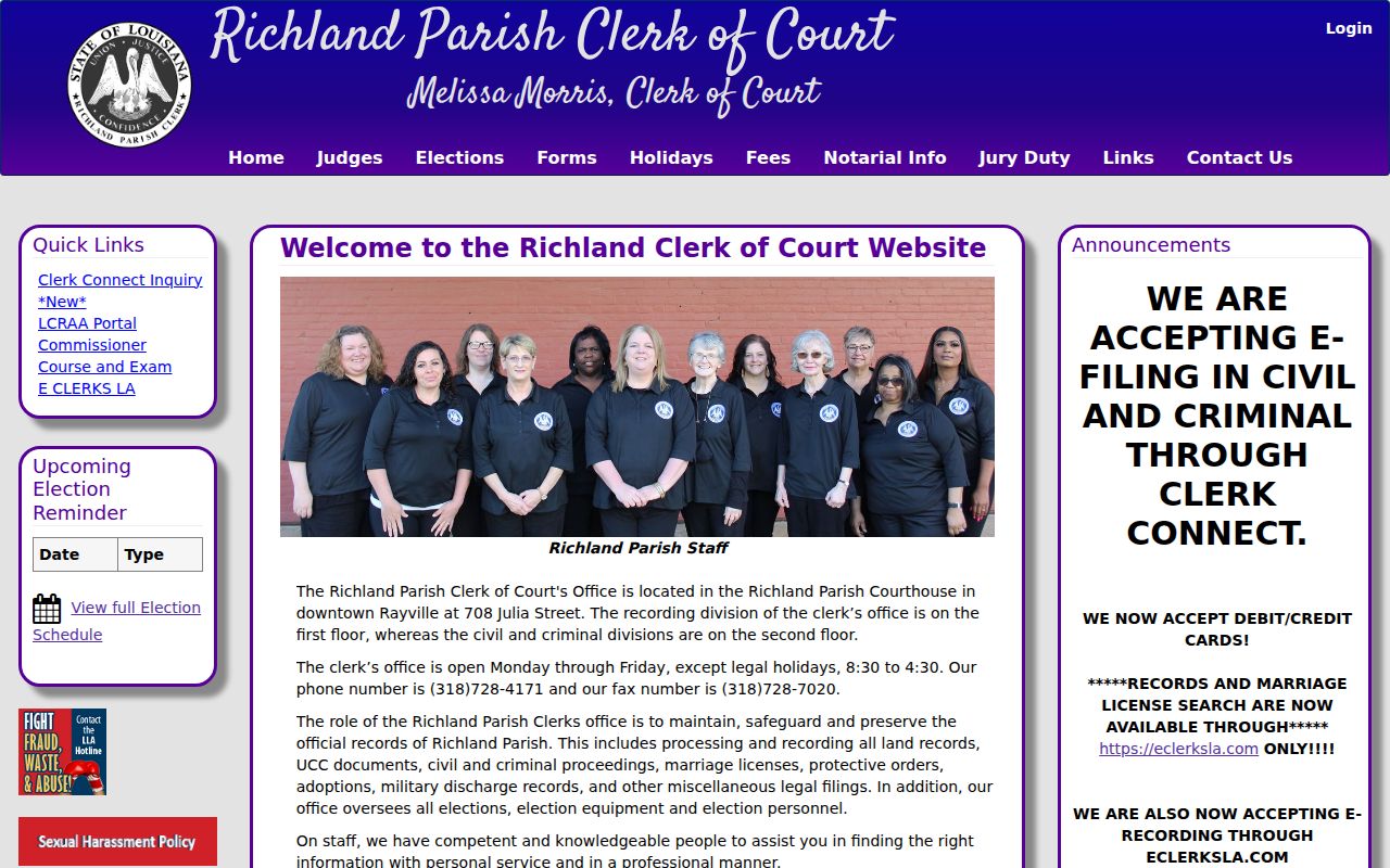 Richland Parish Clerk of Court home page listing divisions relevant to Richland Parish warrant records