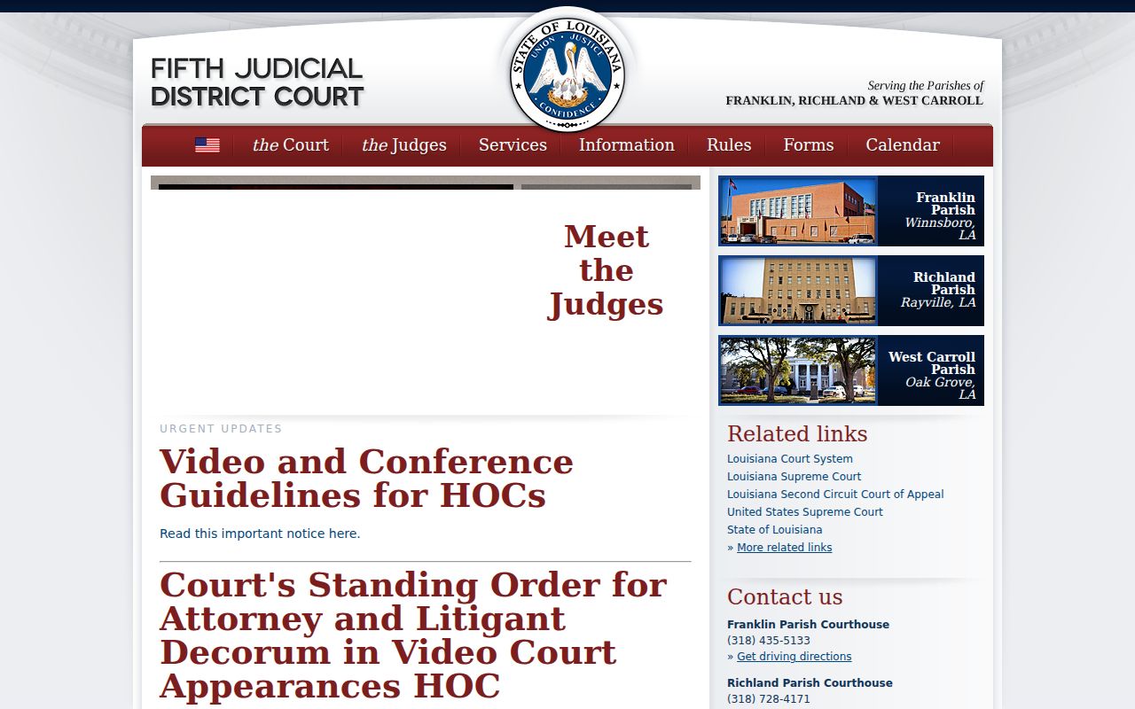 Fifth Judicial District Court home page showing the court system that issues Richland Parish bench warrants