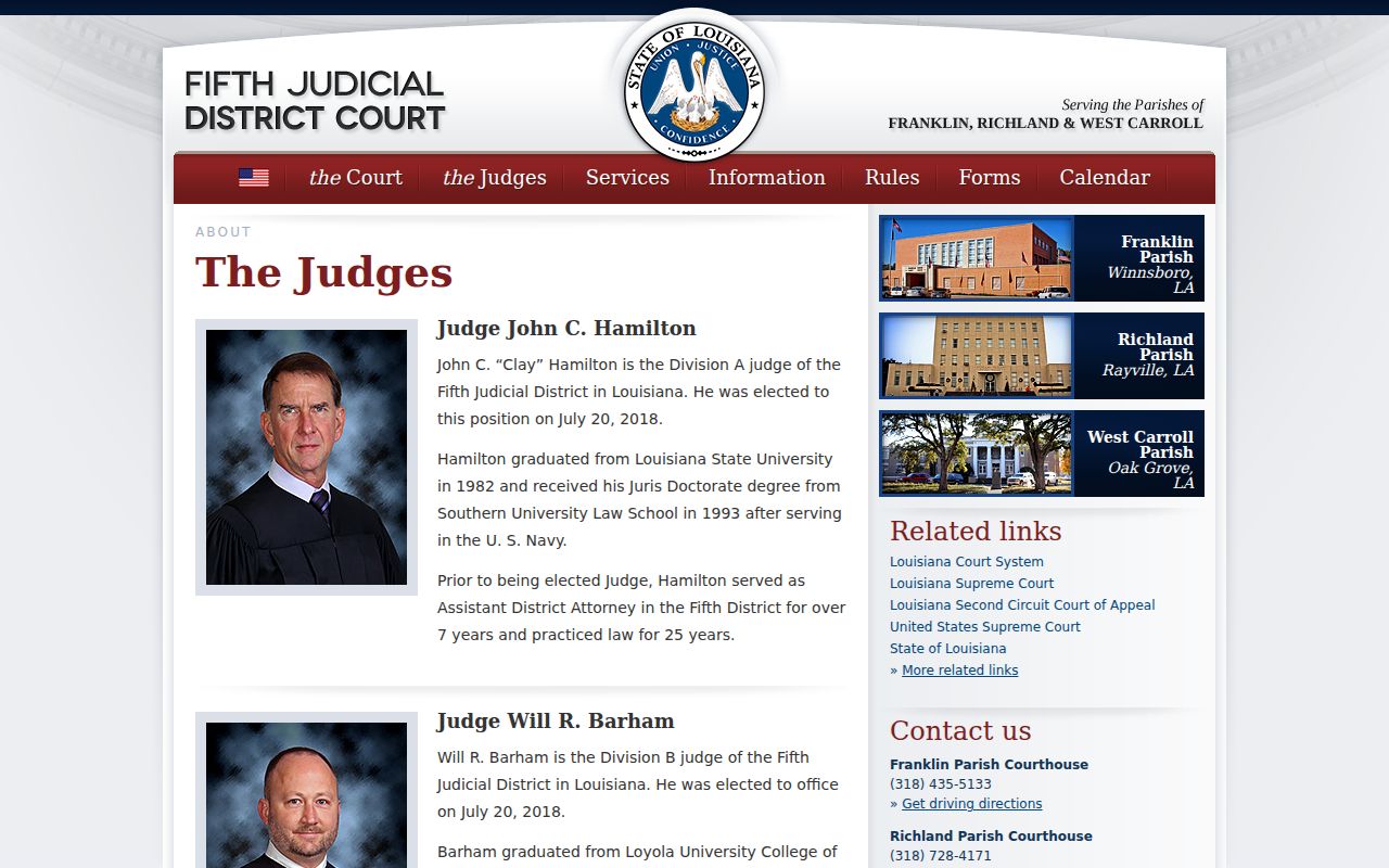 Fifth Judicial District Court judges and divisions that issue Richland Parish bench warrants