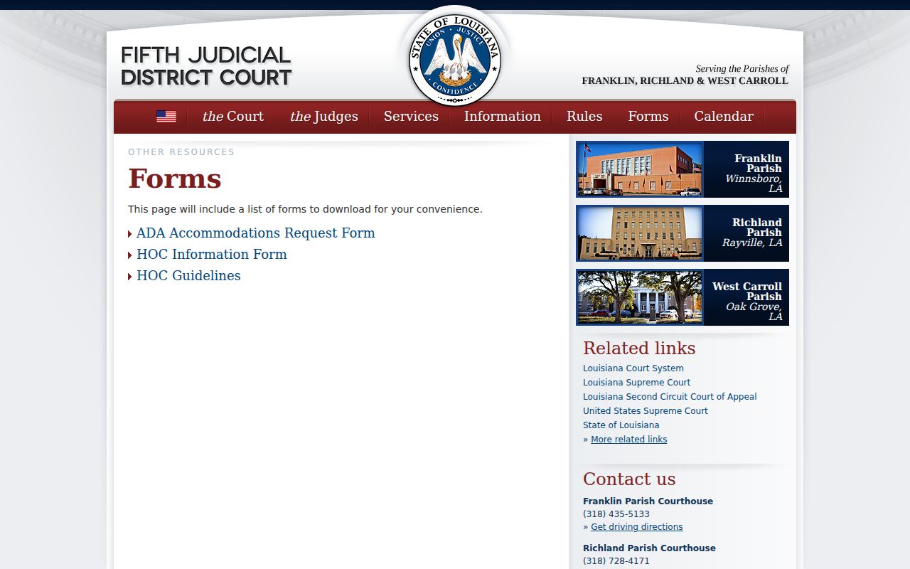 Fifth Judicial District Court forms page with no published Richland Parish bench warrant recall form