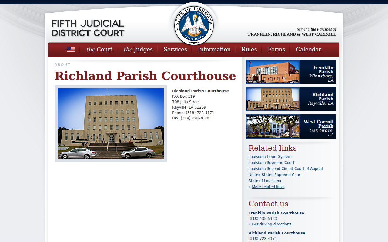 Richland Parish Courthouse location page where arrest warrant records are held for the Fifth Judicial District