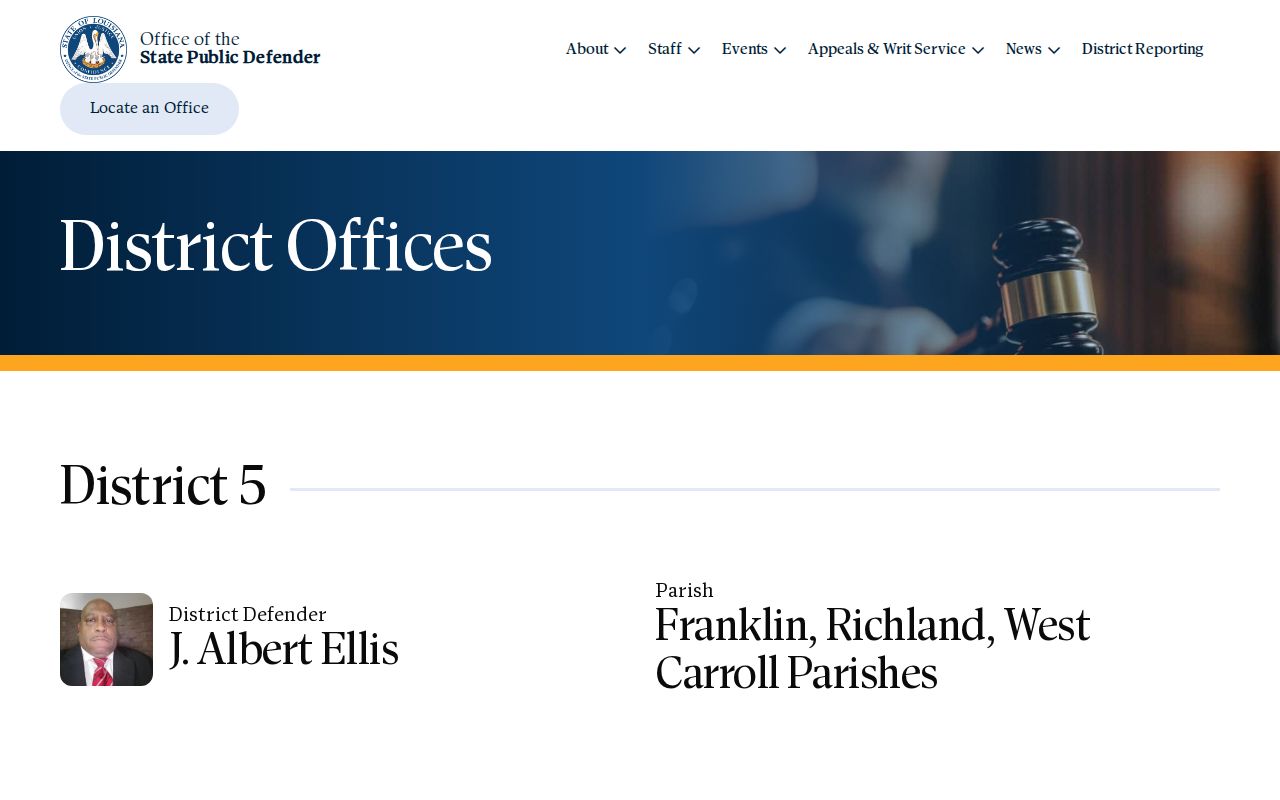 Louisiana Public Defender District 5 office contact information for Richland Parish arrest warrant cases