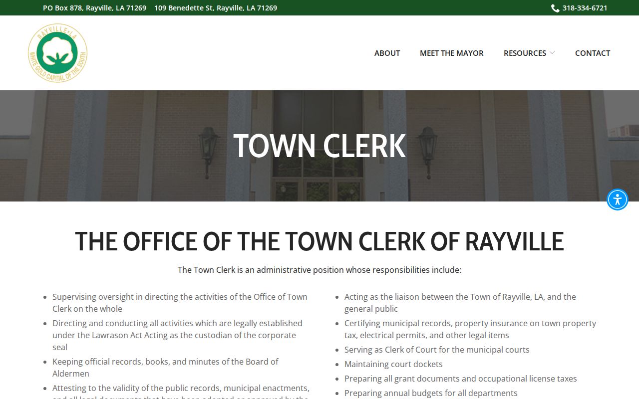 Rayville town clerk page describing municipal court docket duties for Rayville warrant records