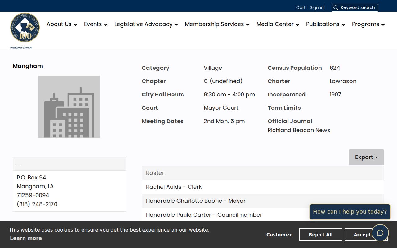 Mangham municipal profile page listing the village Mayor's Court behind Mangham warrant records