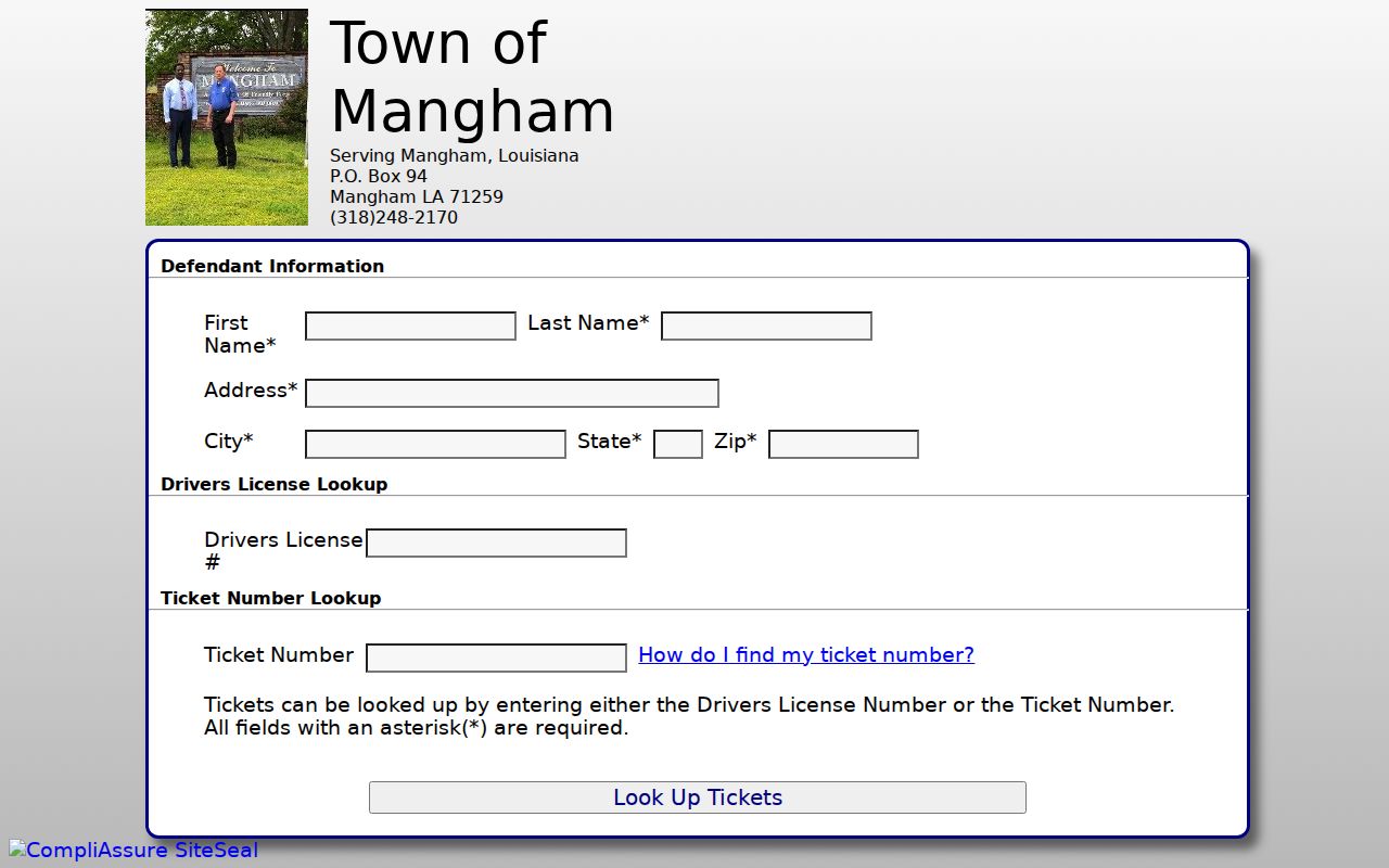 Mangham QuickCourt ticket lookup form that is not a warrant list for Mangham warrant records