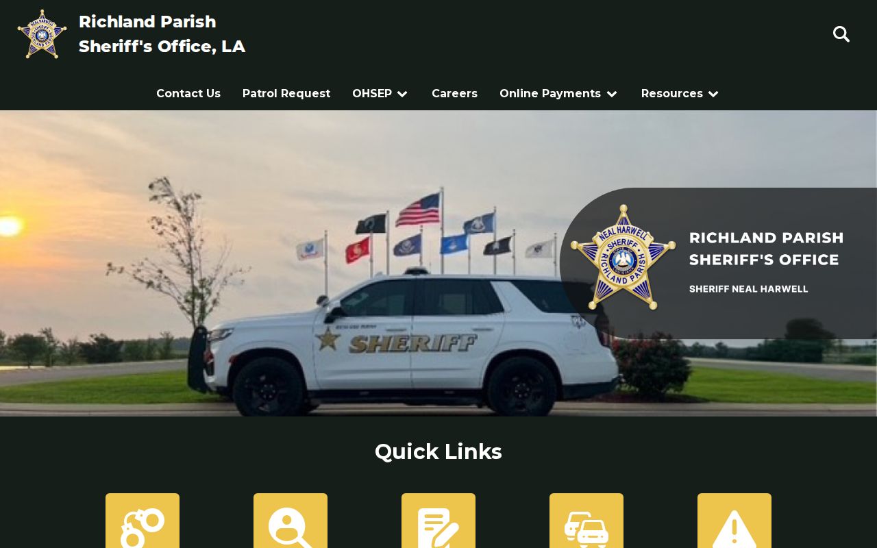 Richland Parish Sheriff's Office home page with its most wanted link and public records routes for warrant records