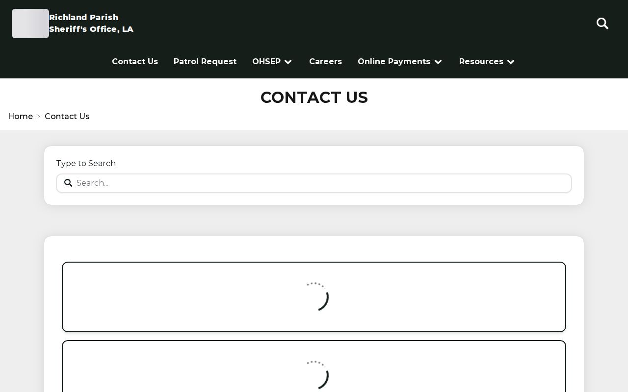 Richland Parish Sheriff's Office contact page listing the office for county most wanted tips and warrant records