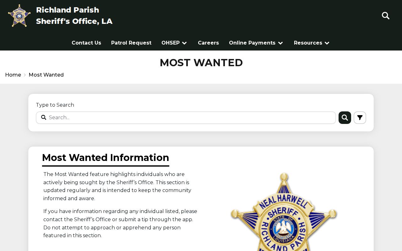 Richland Parish Sheriff's Office most wanted search box used for warrant record checks